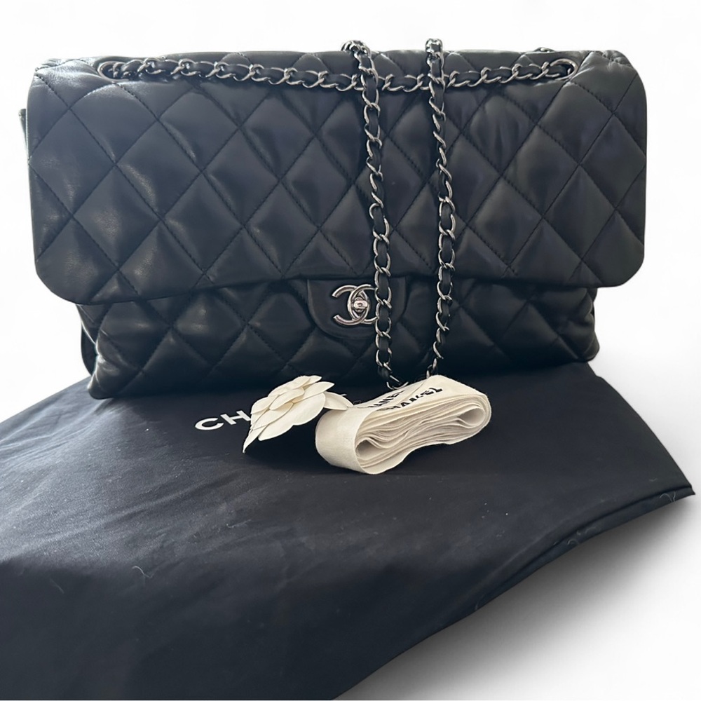 Chanel Black Classic Quilted Lambskin 3 flap Bag Maxi / XL